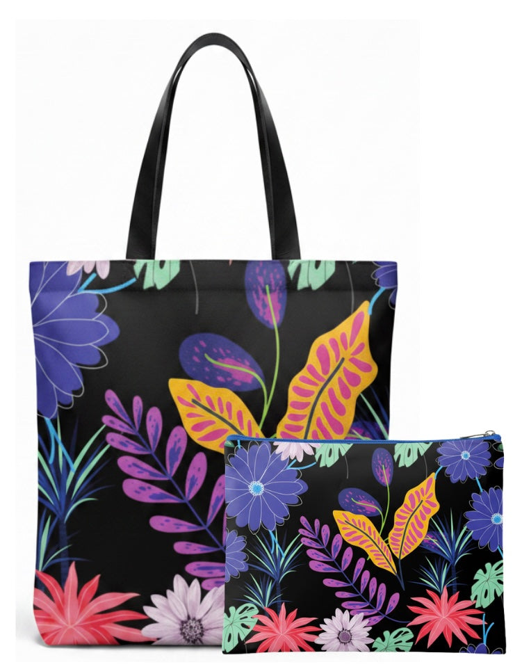 Custom Sublimation Tote Bag and Travel Pouch Bundle – AI Rendering Product Shot - Black Flower Print | Jadez World