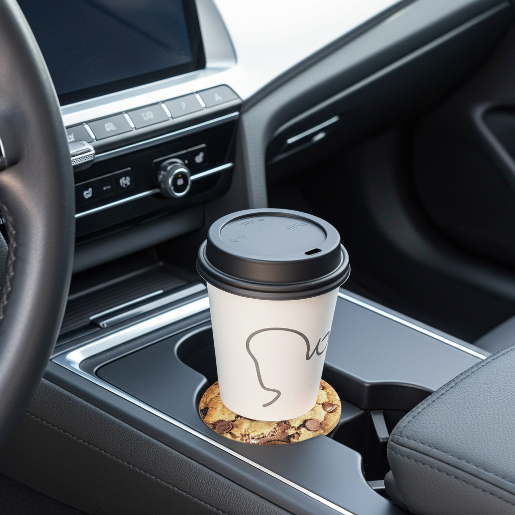 Custom Sublimation 2.8" Coaster  – Car  Cup Holder with Coffee Cup - AI Rendering Product Shot - Chocolate Chip Print | Jadez World