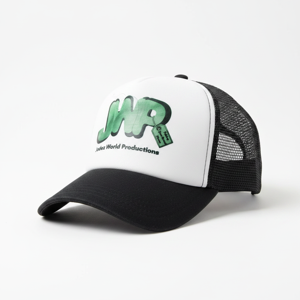 Custom Sublimation Trucker Hat  -Classic White Foam Front with Black Mesh Back– JWP LOGO Design  | Jadez World