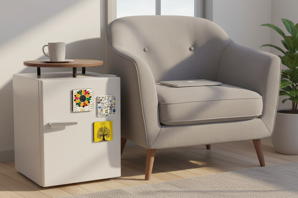 Custom Sublimation Magnet – Mini Fridge - AI Rendering Product Shot - Juneteenth White Doodle and Kismet Print | Jadez World