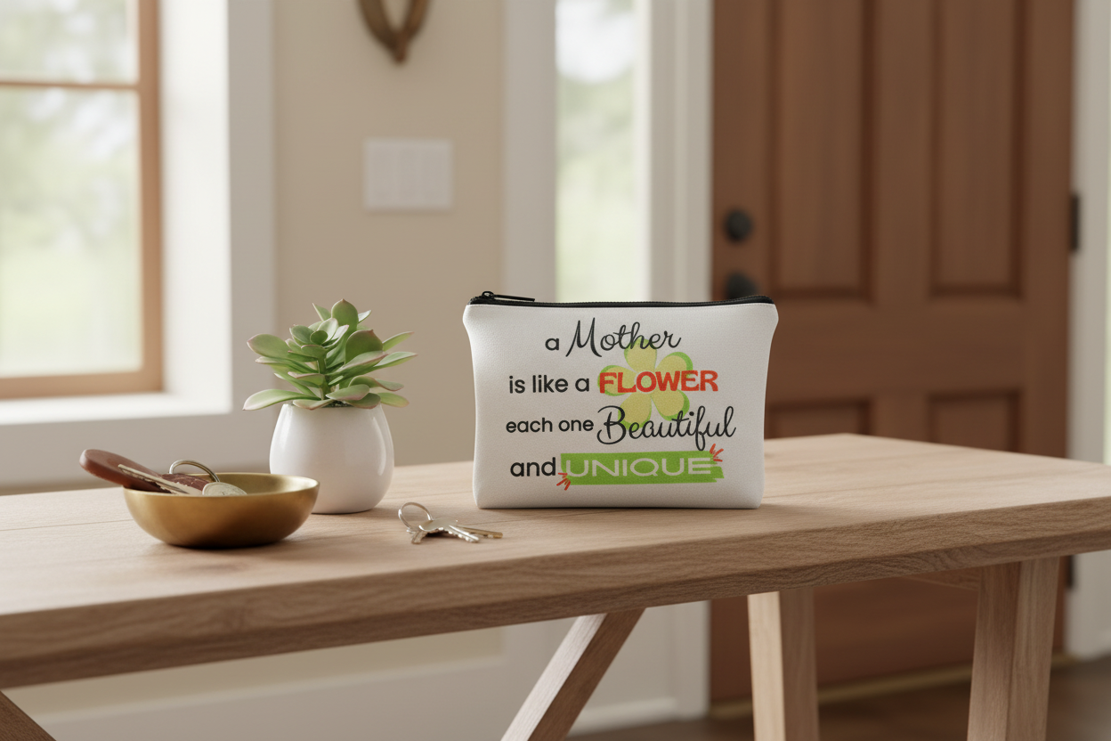 Custom Sublimation 7.9" x 5.7" Travel and Makeup Pouch -AI Rendering Product Shot -  Mothers Garden Quote Print | Jadez World 