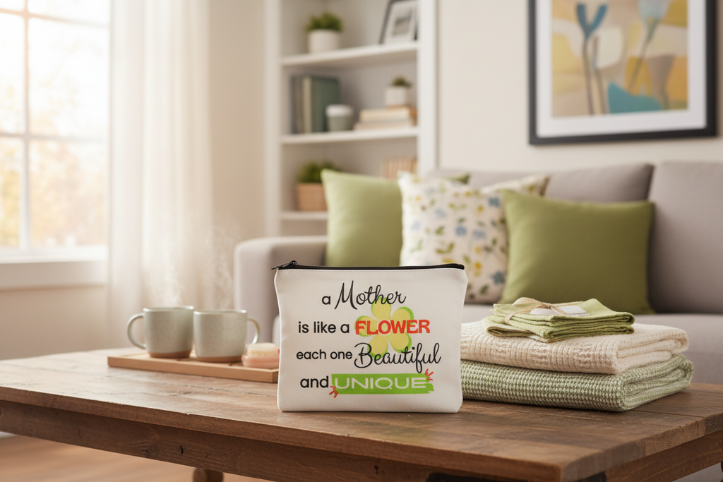 Custom Sublimation 7.9" x 5.7" Travel and Makeup Pouch -AI Rendering Product Shot -  Mothers Garden Quote Print | Jadez World 