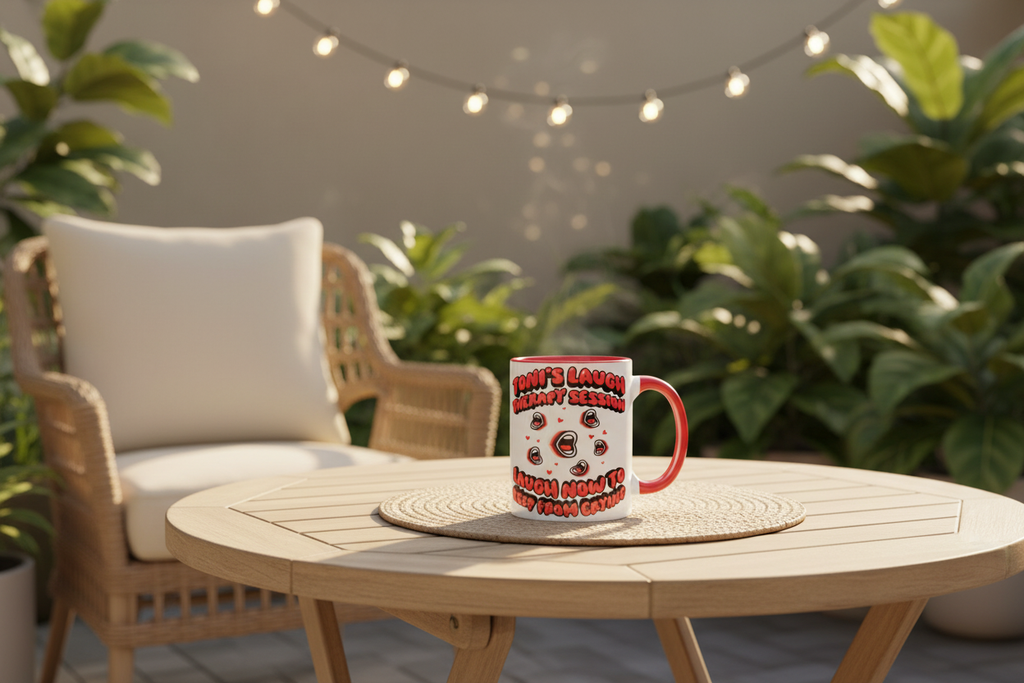 Custom Sublimation Mug – Backyard Patio - AI Rendering Product Shot - Tonis Laugh Therapy Print | Jadez World