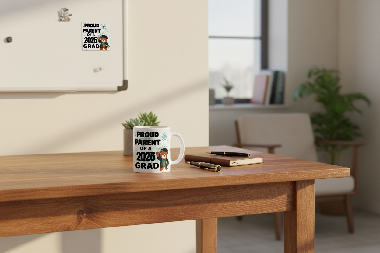 Custom Sublimation 12oz Ceramic Mug  and Magnet on Metal Board with Mug -  AI Rendering Product Shot - Proud Parent 2026 Grad Print | Jadez_World