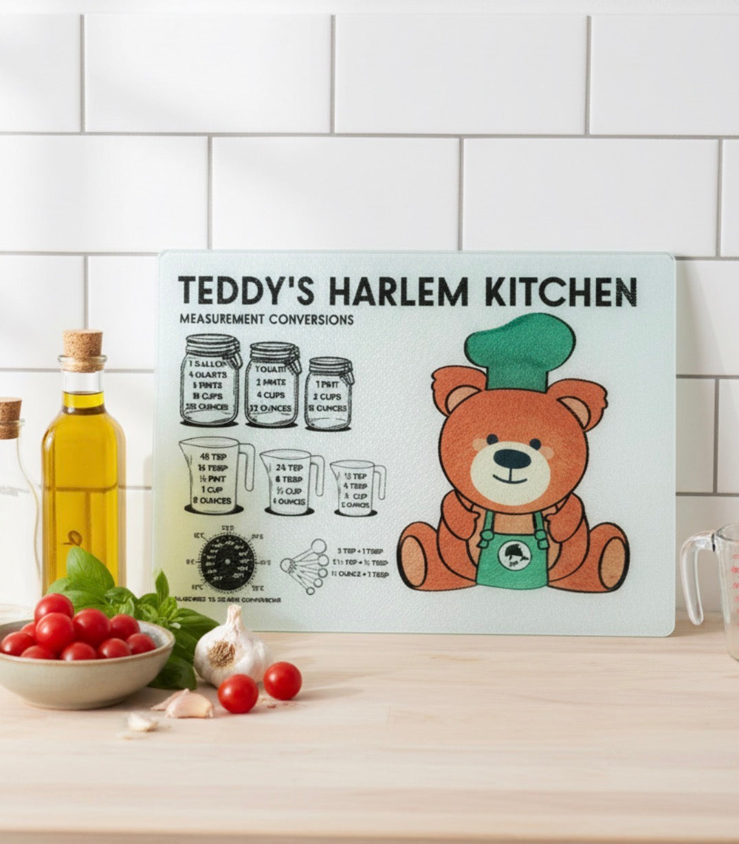 Custom 11" x 7.87" Sublimation Tempered Glass Cutting Board - Modern Kitchen Counter - AI Rendering Product Shot- Teddys Harlem Kitchen THK  Measurement Conversions Print  | Jadez World