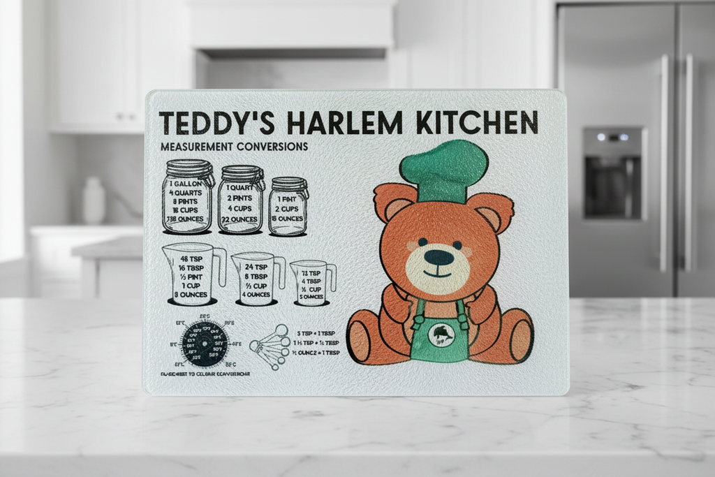 Custom 11" x 7.87" Sublimation Tempered Glass Cutting Board - Modern Kitchen Counter - AI Rendering Product Shot- Teddys Harlem Kitchen THK  Measurement Conversions Print  | Jadez World