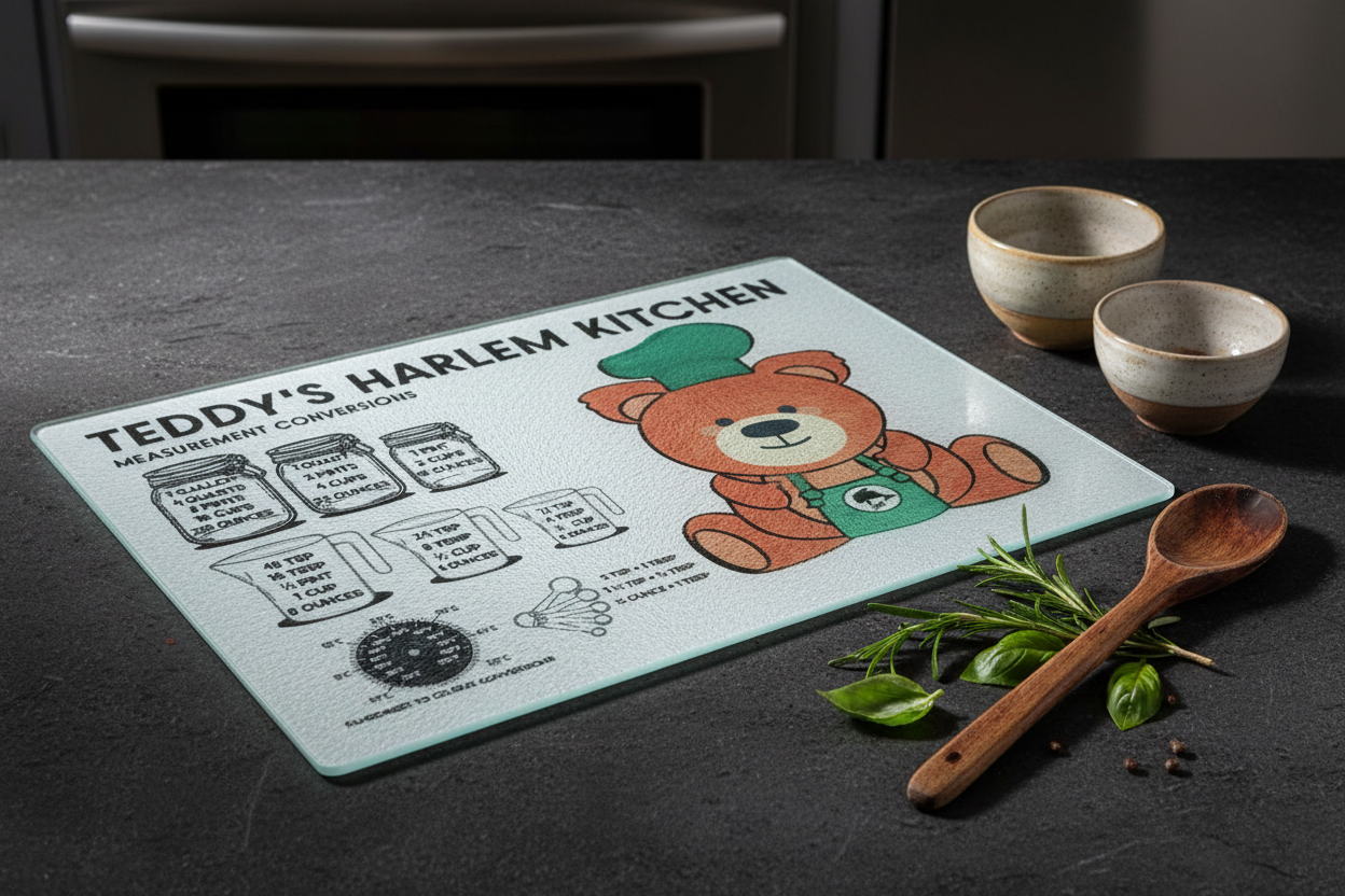 Custom 11" x 7.87" Sublimation Tempered Glass Cutting Board - Modern Kitchen Counter - AI Rendering Product Shot- Teddys Harlem Kitchen THK  Measurement Conversions Print  | Jadez World