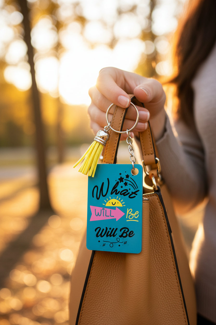Custom Sublimation 2.3" x 1.5" Keychain  – AI Rendering  Product Shot - What Will Be Will Be Print | Jadez World