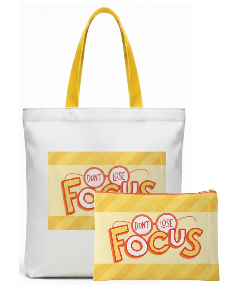 Custom Sublimation Tote Bag and Travel Pouch Bundle – AI Rendering Product Shot - Yellow Dont Lose Focus Print | Jadez World