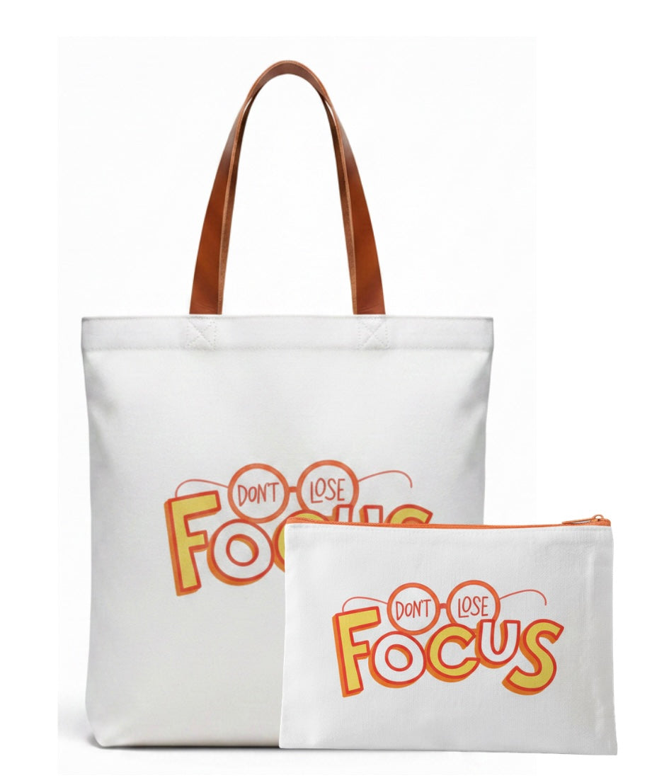 Custom Sublimation Tote Bag and Travel Pouch Bundle – AI Rendering Product Shot - White Dont Lose Focus Print | Jadez World