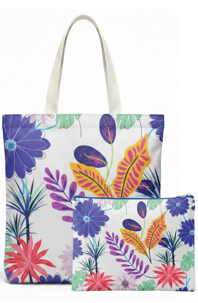 Custom Sublimation Tote Bag and Travel Pouch Bundle – AI Rendering Product Shot - White Flower Print | Jadez World