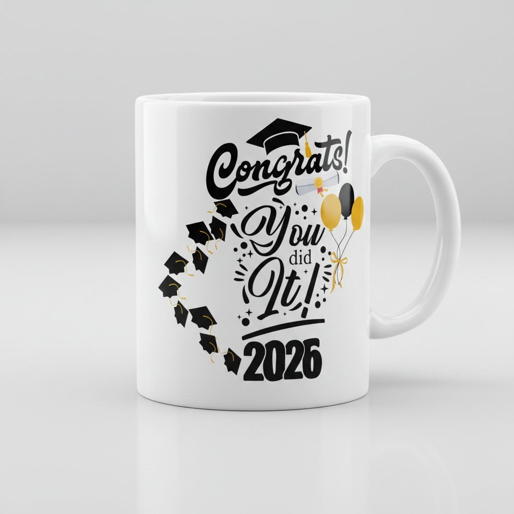 Custom Sublimation 12 oz Ceramic Mug - AI Rendering Product Shot -Congrats You Did It 2026 Grad Print | Jadez World 