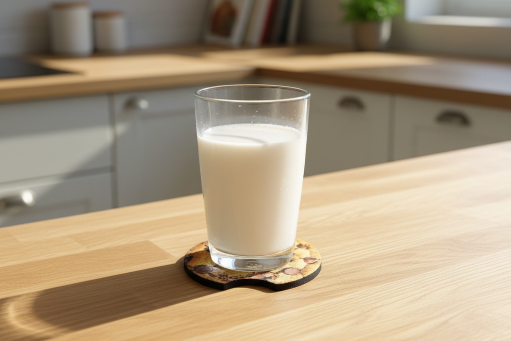 Custom Sublimation 2.8" Coaster  – Kitchen Counter with Glass of Milk - AI Rendering Product Shot - Chocolate Chip Print | Jadez World