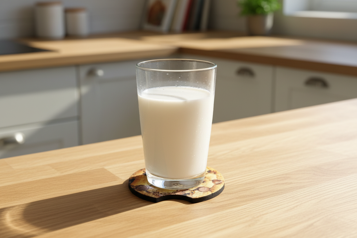 Custom Sublimation 2.8" Coaster  – Kitchen Counter with Glass of Milk - AI Rendering Product Shot - Chocolate Chip Print | Jadez World