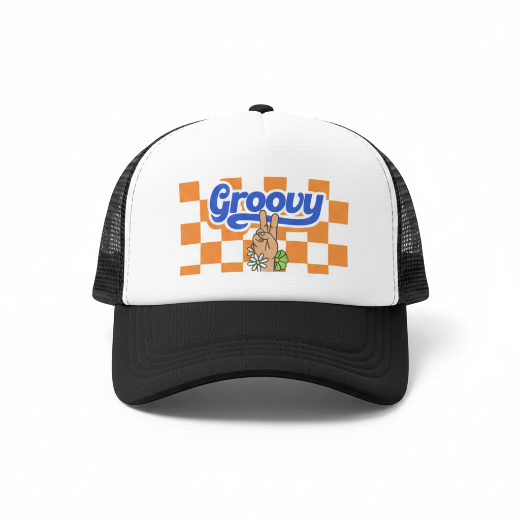 Custom Sublimation Trucker Hat -Classic White Foam Front with Black Mesh Back– Groovy Design | Jadez World