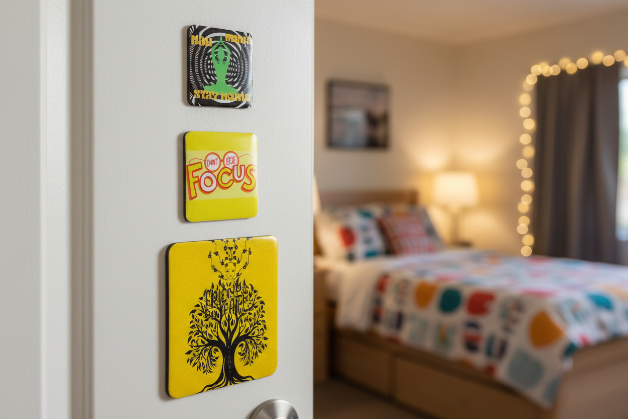 Custom Sublimation Magnet – Dorm Room Door - AI Rendering Product Shot - Nah Imma Stay Yellow Doodle and Kismet Print | Jadez World