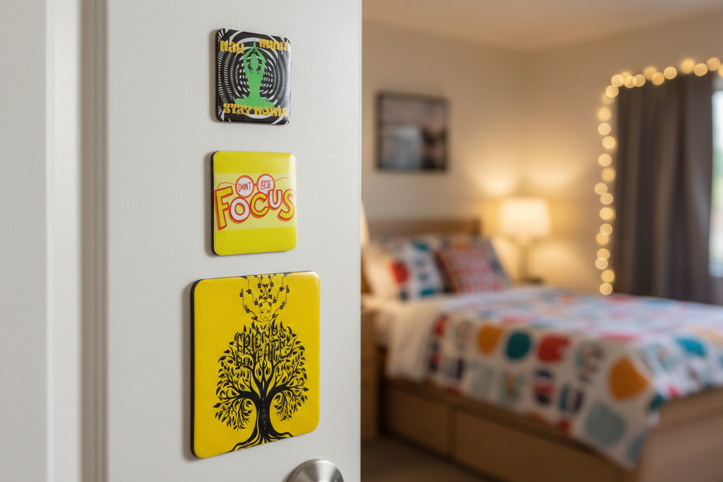Custom Sublimation Magnet – Dorm Room Door - AI Rendering Product Shot - Nah Imma Stay Yellow Doodle and Kismet Print | Jadez World