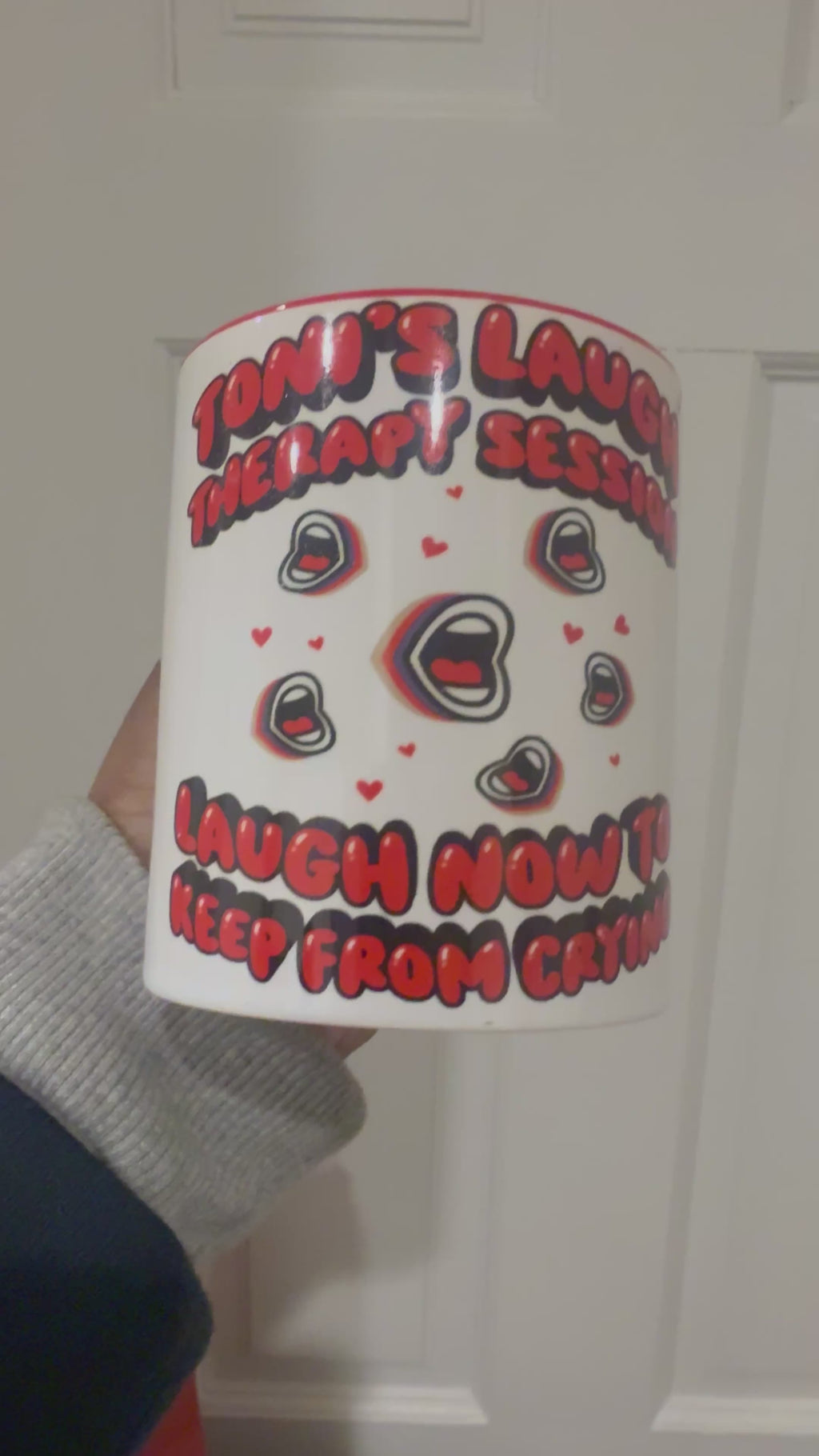 [Video] Product View Custom Sublimation 12 oz Ceramic Mug - Kiss Red Trim - Tonis Laugh Therapy Print  | Jadez World
