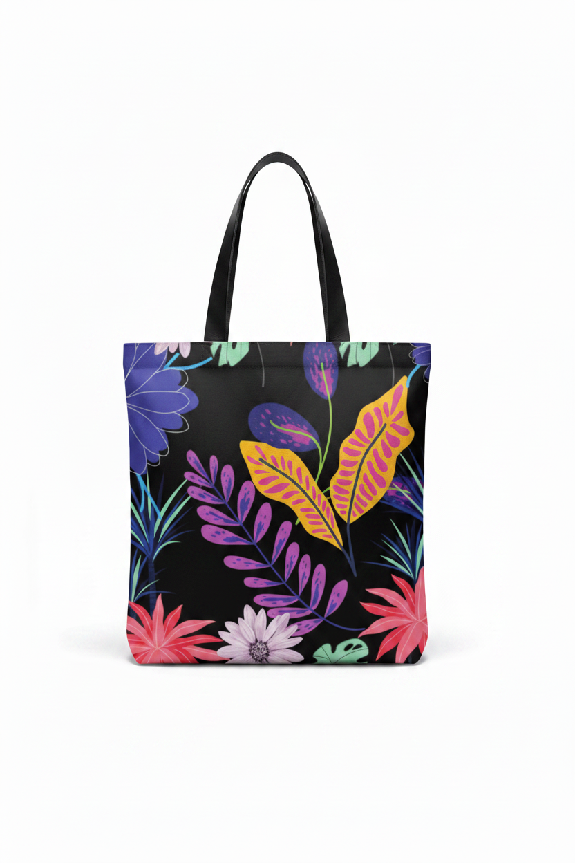 Custom Sublimation 13.7" x 11.8" Tote Bag  – AI Rendering Product Shot - Black Floral Print | Jadez World