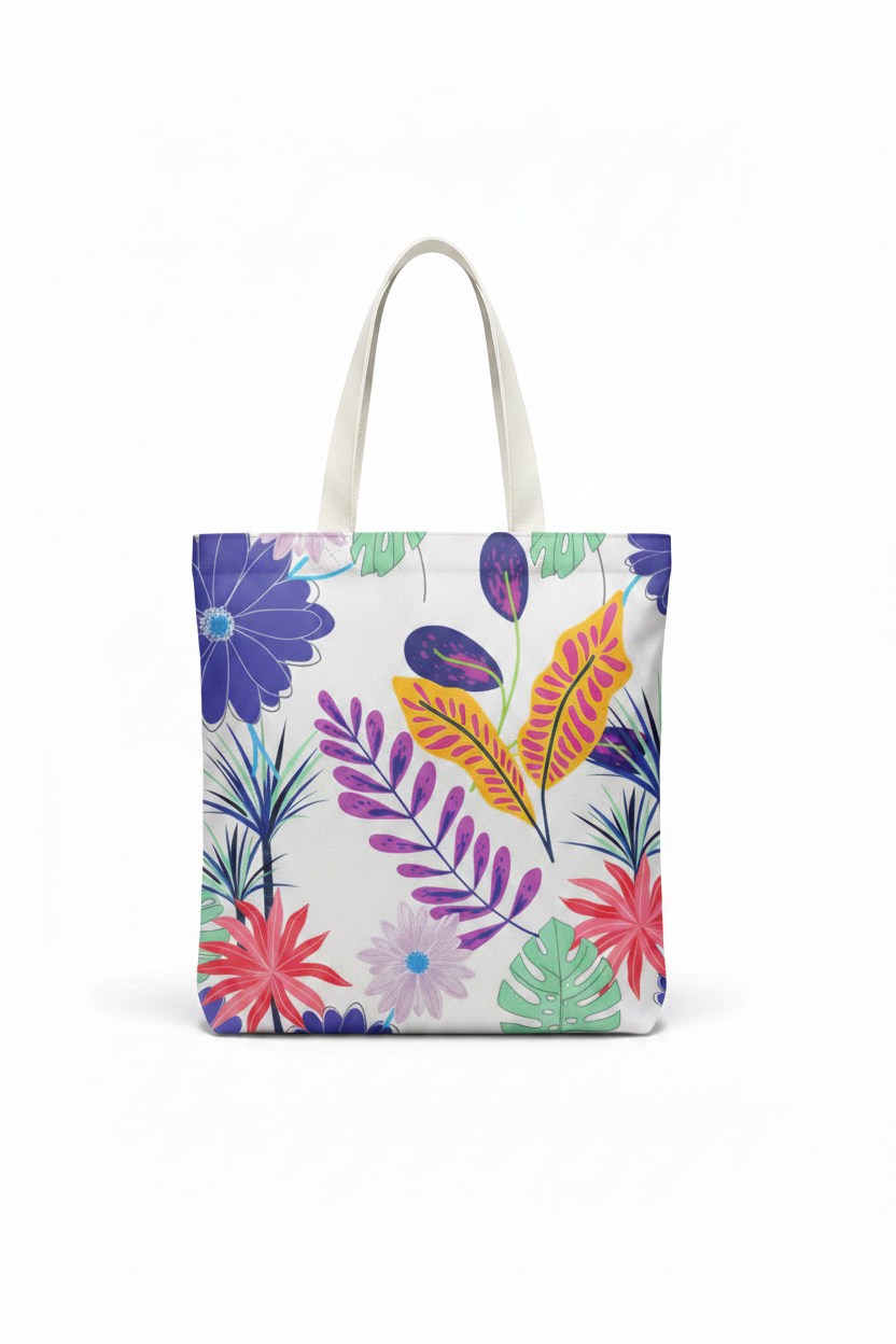 Custom Sublimation 13.7" x 11.8" Tote Bag  – AI Rendering Product Shot - White Floral Print | Jadez World 